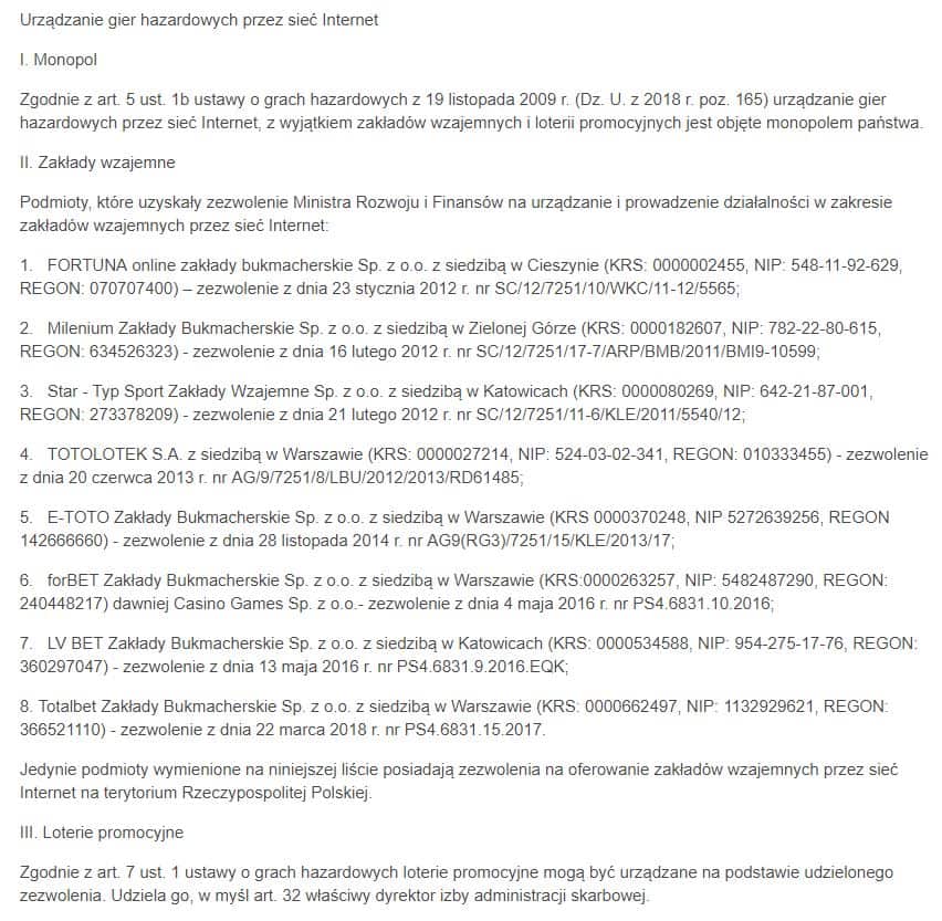 Lista legalnych bukmacherów (Ministerstwo Finansów)